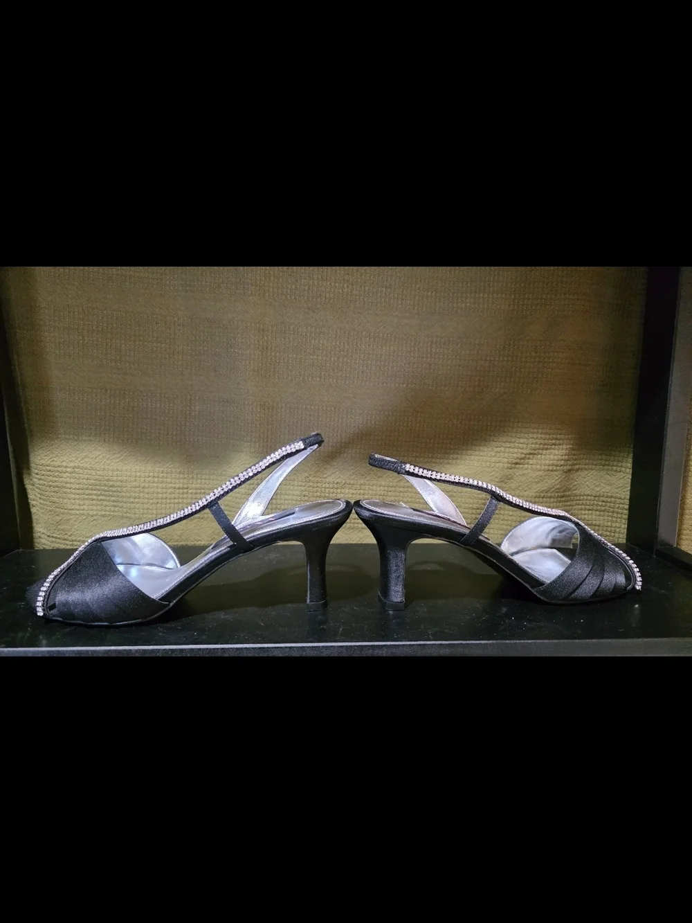Nina Black Satin Slingback Heels with Crystal Trim
